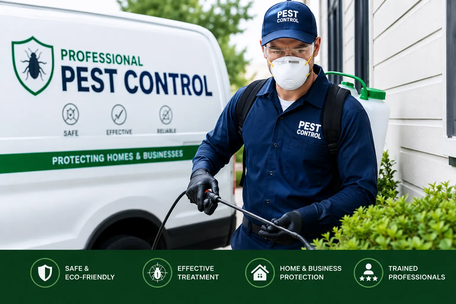Pest control technician in protective gear treating a property